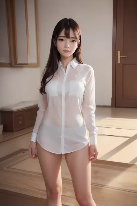 (8k), (best quality), (masterpiece:1.2), (realistic), (photorealistic:1.0), ultra-detailed, 1girls, cute, smile, beautiful detailed eyes, beautiful detailed nose, full body, wearing shirt, standing, from below, realistic skin texture, attractive face, Half...