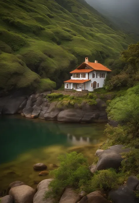 Uma casa estilo japosa em madeira no alto de uma montanha, with a plain behind and next to a tranquil river with stones.