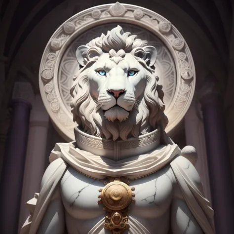 A realistic white marble statue of a carefully detailed steampunk violet lion wearing a ghostly toga, perfect symmetrical eyes, fundo preto, Moody, fotorrealista, super detalhada, Hiper realista, luzes brilhantes, 8k