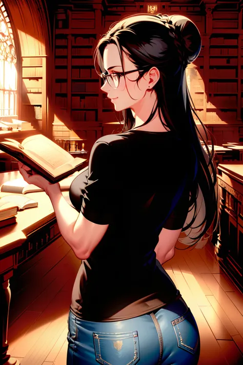 masterpiece, ((ultra detailed background, delicate, intricate detail)), (highly detailed, fine details), best quality, beautiful lighting,((medium breasts, slim girl)), black T-shirt, jeans, hair in a bun, (black T-shirt), NicoRobinV2, 1girl, black hair, l...