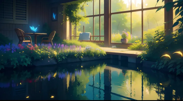 A masterpiece, anime scenery, scenic, otherworldly, fantasy, the best quality, stunning reflections, the best reflections ever. (very detailed CG unity 8k wallpapers), (best quality), (best illustrations), cozy home office with natural elements. Window vie...