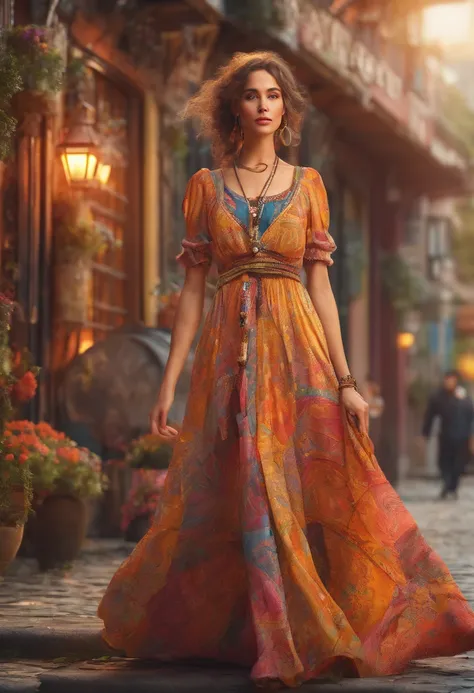 Master professional photography, beautiful woman in bohemian dress and accessories, extreme textures and details, full body portrait shot, bohemian city landmarks background, 64K