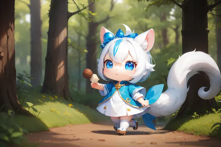 There is a small white squirrel with an acorn in his hand,  Chibichara　A cute girl with blue hair is also with me。It is a cute costume in white and blue。Dark eyes。cute forest creature, Adorable Digital Painting, cute detailed digital art, the squirrel king...