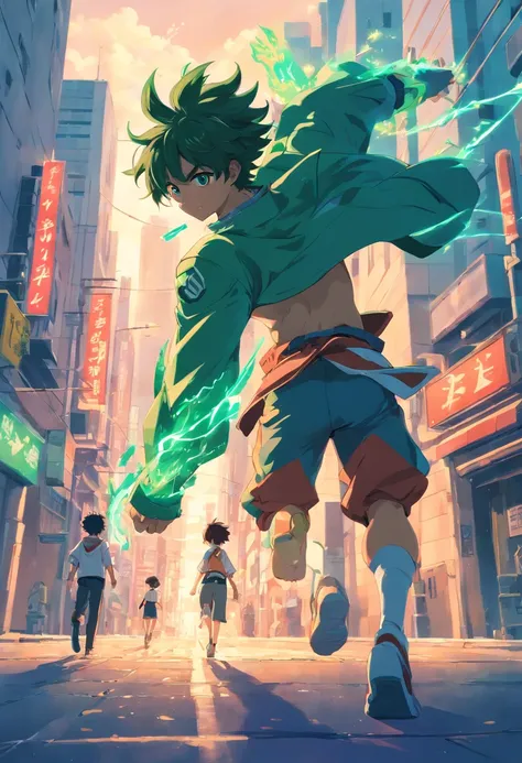 Combina Deku y tanjiro en un solo personaje poderoso caminando mirando a camara poco musculosos y con espadas en la cintura