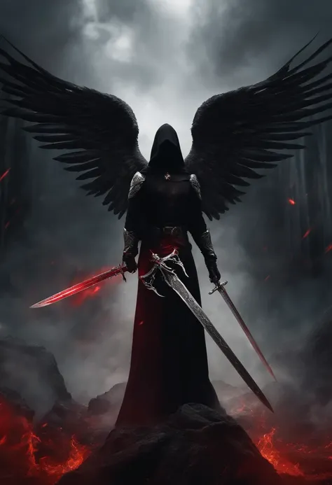 Realistic, 4K, Angels with big wings, Black clothes, red big pendant, one sword, Hood on head in war background image (chaos)