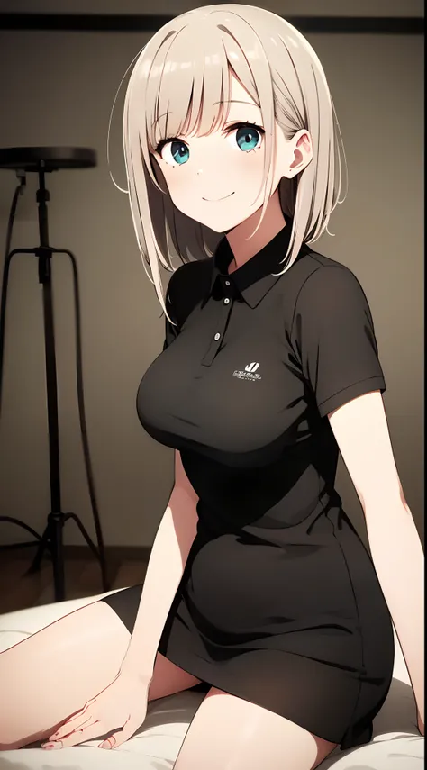 best quality, detailed face, 1girl, middle breast, smile, black polo shirt, gray miniskirt, good anatomy, looking at viewer, soft focus, cinematic lighting, depth of field, happy expression, middle hair,  bare legs,