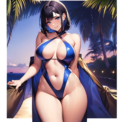 Beautiful young lady, (((Deep V-cut navel))),(((Center opening))),(((High-leg pachinko swimsuit))),(((Dig into the crotch))),Beautiful body line, Large breasts,Black short hair, Blue eyes,Smile,