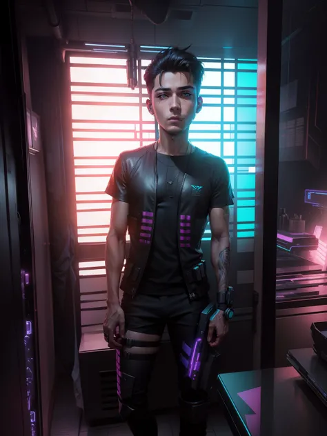 Change background cyberpunk handsome boy, realistic same face, 8k, ultra realistic