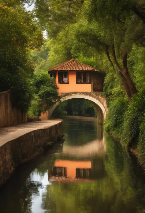 Uma casa no estilo estilo japosa, no alto de uma montanha com um caminho de padras para chegar em um rio exuberante, Trees and shrubs are reflected in the canal water, Salgueiros chorando, atmosfera tranquila e serena.