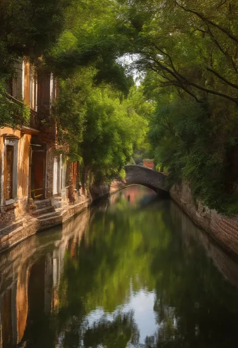 Uma casa no estilo estilo japosa, no alto de uma montanha com um caminho de padras para chegar em um rio exuberante, Trees and shrubs are reflected in the canal water, Salgueiros chorando, atmosfera tranquila e serena.