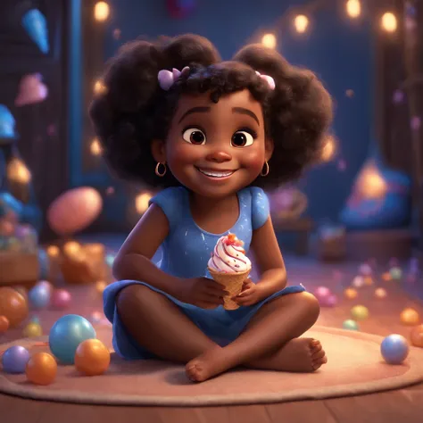 cute, Adorable, smiling black girl in dress, sitting on the floor, eating ice cream, with candy flying around her, Pixar, Disney, Cinema lighting, games, 8k, magic, love