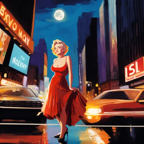 (Iconic streetview of Broadway in Manhattan at twilight after rain with moon and clouds, with billboards signs and theaters, with lots of people and cars), with volumetric light, in the year 2010, (Marilyn Monroe is wearing red top and skirt, she stands in...