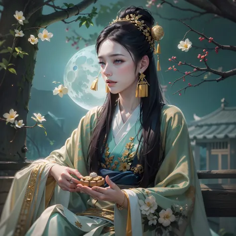 realisticlying，hyper realisitc，mid-autumn festival，（Delicious mooncakes 1.3）Hyper-realistic，Real Human，photore，Super light and shadow，Extreme light chasing，Super refined，hyper-detailing，（Han Dynasty long-haired girl with a headband 1 watching the moon duri...