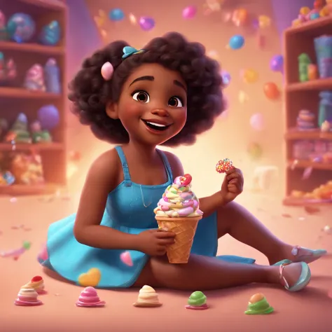 cute, Adorable, smiling black girl in dress, sitting on the floor, eating ice cream, with candy flying around her, perfect body, Pixar, Disney, Cinema lighting, games, 8k, magic, love