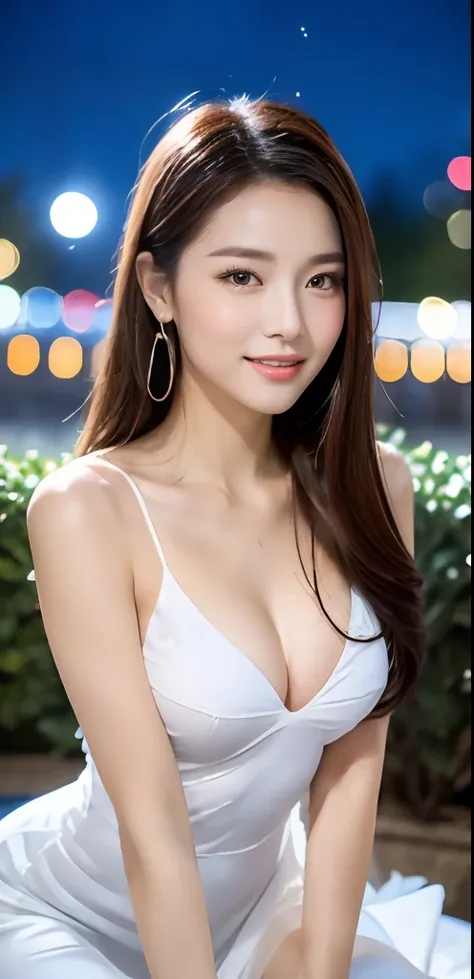 (Lovers 1 Girl), (Medium big breasts:1.3), ((no-bra)), Disney land、Cinderellas Castle、background of night view:1.4,The fountain、 ((Grab the viewers hand)), (​master piece: 1.3), (max resolution: 1.4), (UltraHD: 1.2), cinematric light, UltraHD, (Detailed ey...