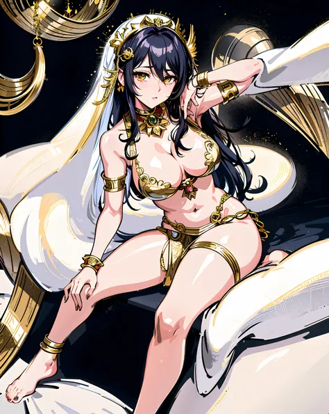 anime - style image of a woman in a gold outfit sitting on a bed, anime goddess, albedo from overlord, albedo from the anime overlord, knights of zodiac girl, ((a beautiful fantasy empress)), zerochan art, lady palutena, portrait knights of zodiac girl, a ...