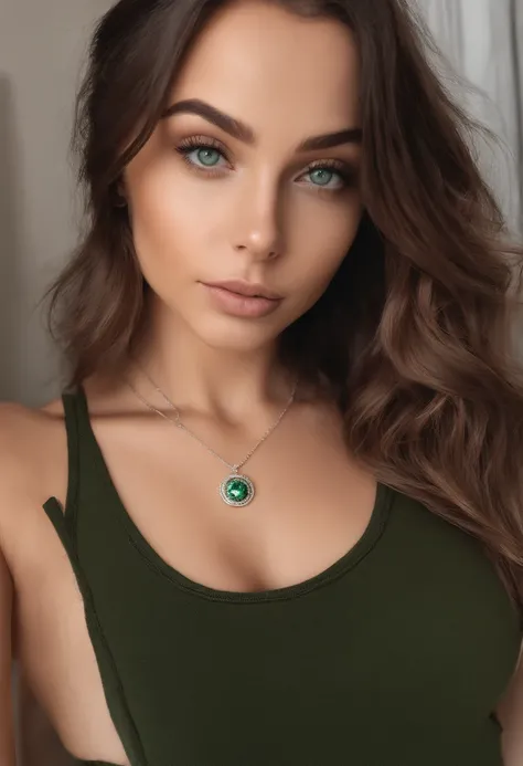 arafed woman with a white tank top and a necklace, sexy girl with green eyes, portrait sophie mudd, brown hair and large eyes, selfie of a young woman, bedroom eyes, violet myers, without makeup, natural makeup, looking directly at the camera, face with ar...