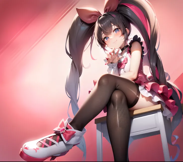 Hibiki Hojo, Cure Melody, Blue-eyed boy, rating:safe, Anime Boy, gender change, gender change(Girls to boys), Boy with red-pink long twin-tailed hair, solo, Anime boy sitting on a chair, Legs closed, Red Choker, Magical Boy, Boy in black thigh socks, pink_...