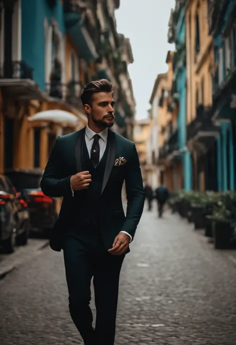 Um homem de cabelos castanhos elegante e sofisticado passeando confiantemente por uma cidade movimentada em um elegante terno preto.