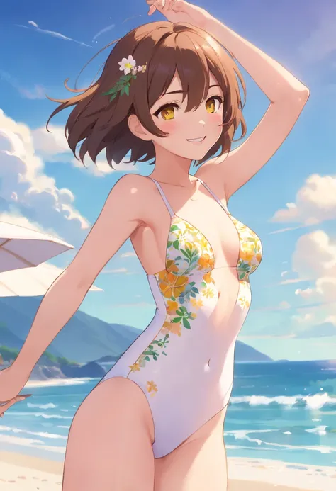 White high-leg swimsuit with thin floral pattern、Crotch seam, Nasty poses、Sexual expression、Nasty look、((flat chest))、the beach, day, short Bob, yellow eyes, brown hair, flower hair ornament, smile