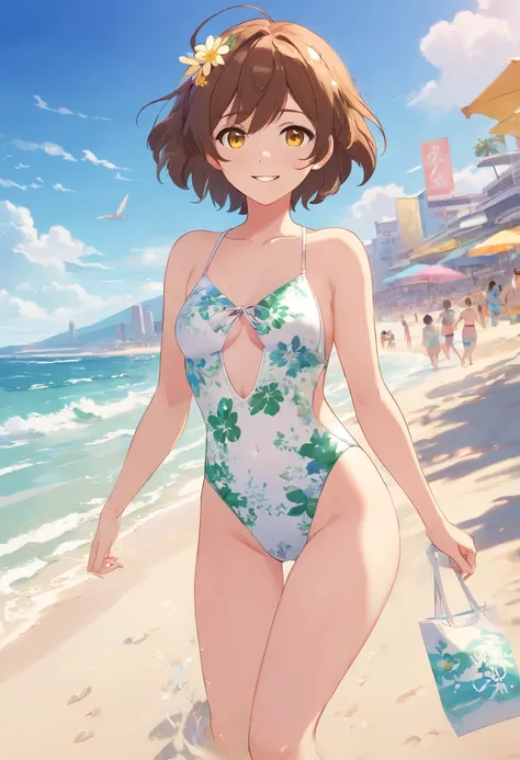 White high-leg swimsuit with thin floral pattern、Crotch seam, Nasty poses、Sexual expression、Nasty look、((flat chest))、the beach, day, short Bob, yellow eyes, brown hair, flower hair ornament, smile