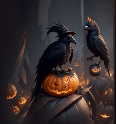 there is a black bird sitting on top of a pumpkin, 8k high quality detailed art, halloween art style, dark crow, 4k detailed digital art, raven monster, 4k highly detailed digital art, 4k detailed art, 4 k highly detailed art, ultra realistic 3d illustrati...