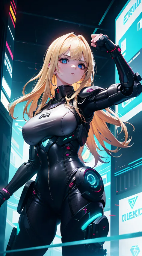 (extremadamente detallado, obra maestra, La mejor calidad), intense illumination, mujer joven rubia dentro de exoesqueleto cyberpunk. luces de neon, cables, entorno industrial. armamento pesado, Giant fists. garras en los brazos roboticos.