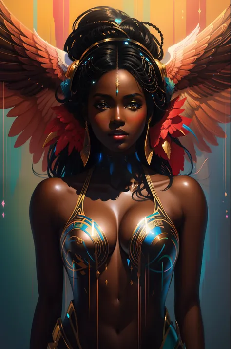 a painting of a woman with wings on her head, rossdraws | afrofuturism, beautiful digital artwork, dark skin female goddess of love, beautiful art uhd 4 k, stunning digital illustration, black art, art of alessandro pautasso, gorgeous digital painting, col...