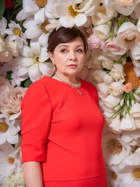 Woman in red dress standing in front of a wall of flowers, moleksandra shchaslyva, aleksandra waliszewska, julia gorokhova, anna nikonova, nadezhda tikhomirova, alina ivanchenko, President of Belarus, marina federovna, maria panfilova, Vivian Westwood