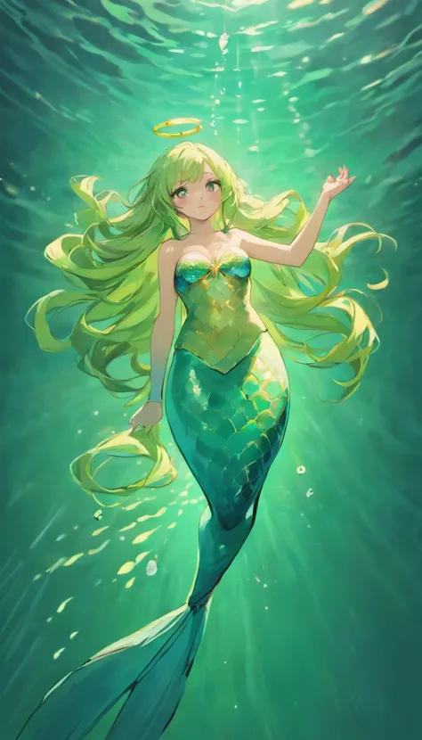 mermaid, with tail, long tail, long flowing hair, beautiful girl, full body, perfect, well detailed, well defined, ultra realistic, cinematic, neutral background, 8k.