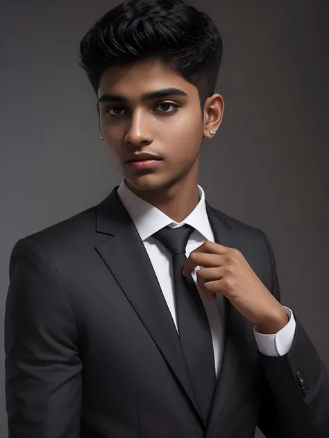 A indian teenager in black suit make it realistic,4k