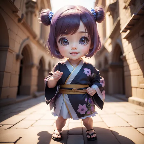 Cute Baby Chibi Anime、(((chibi3d))) (best quality), (masterpiece)、Chibi Model、Photo session、Blue and purple kimono、Spain、Sagrada Familia、outside of house、Open your mouth and smile、Japanese flip flops、A detailed face、Perfect detail