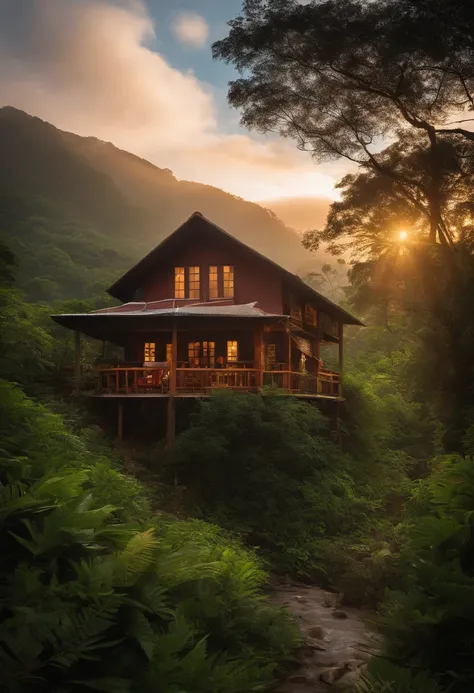 Uma casa simple com alpendre no alto de uma montanha com acesso a um rio ao lado de uma floresta de atmosfera tranquila e serena.