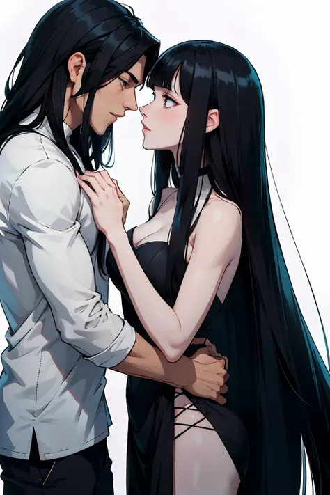 Pale man long black hair and black clothes kissing a pale woman with black hair with bangs