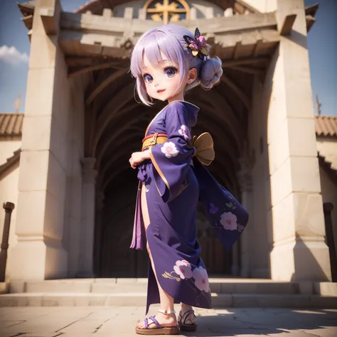 Cute Baby Chibi Anime、(((chibi 3d))) (Best Quality), (masutepiece)、Chibi Model、Photo session、Blue and purple kimono、Spain、La sagrada familia、outside of house、Open your mouth and smile、Japan flip flops、A detailed face、Perfect Detail、Standing