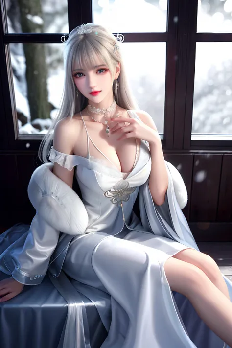 best qualityer，8K， tmasterpiece， A high resolution， 1girll， Clear silk porcelain dress， Fur coat， hair adornments，Delicate face shape，Perfect face shape， ssmile， Keep ones mouth shut， cparted lips，Large breasts，Shoulder， shift dresses， hair adornments， cho...