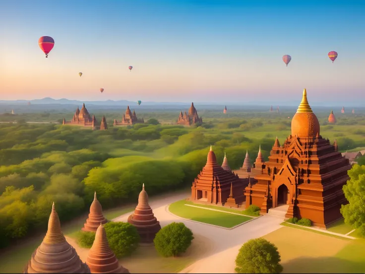 A beautiful morning view of Bagan with hot air balloons floating in the sky. The main focus is on the balloons, which are colorful and vibrant. The balloons are of different shapes and sizes, creating a mesmerizing visual composition. The sky is clear and ...