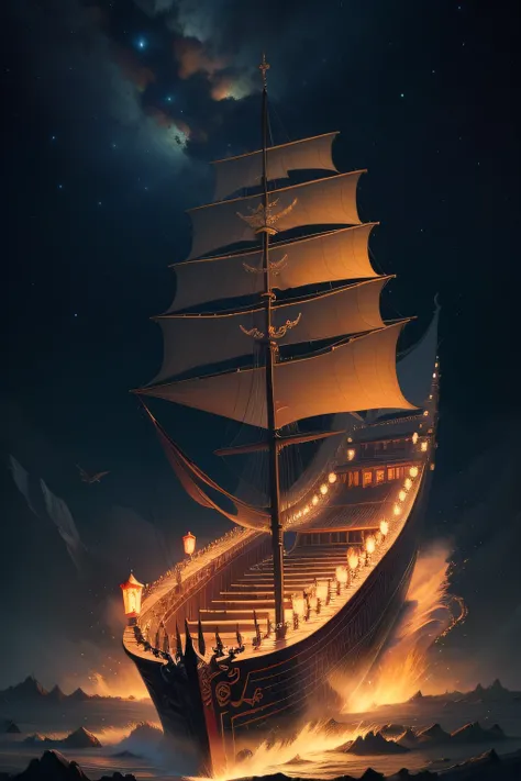 The nine divine dragons in ancient Chinese mythology，Pulling a huge ancient coffin，Sail to the other side in the starry sky，The background is bleak