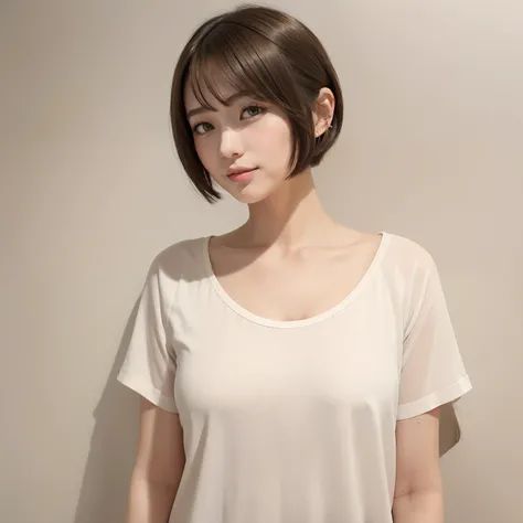 hightquality、8K、masuter piece:1.3))、1人の女性、２５years old、A slender、T-shirt Beautiful Girl:1.3、(hairstyle on:Beige、Very Shorthair、、small tits )、Plain clothes T-shirt:1.2、White wall background、hyperdetailed face、A detailed eye、Double eyelids、Cute smile、Hair Mod...