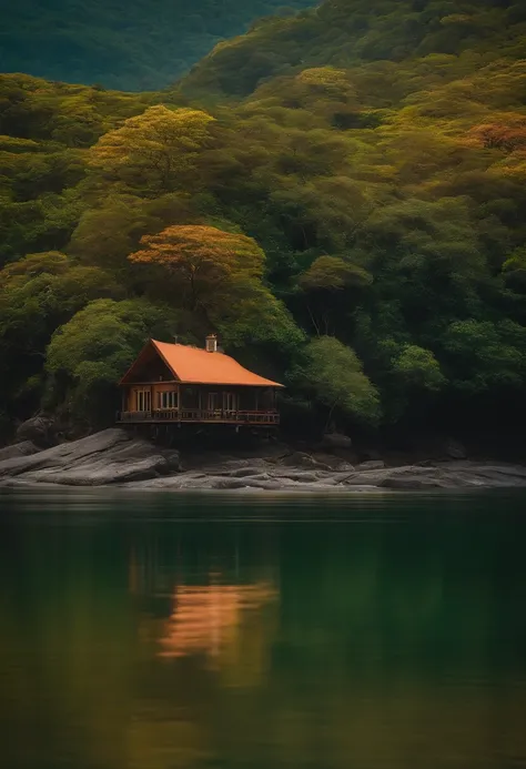 Uma casa simple com alpendre no alto de uma montanha com um rio ao lado em meio a uma floresta de atmosfera tranquila e serena.