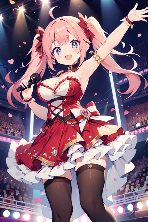 (1girl in:1.2), (Solo:1.2), (masutepiece:0.5), nffsw、Shaders、Brilliant Textured Work、Ultra-detailed eyes、ultra-intricate pupil in eyes、top-quality、Idol、Idol Costumes、Pink hair、Heart-shaped twin tails、red outfit、large full breasts、Breast bulge、cleavage cut ...