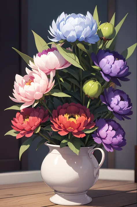 many pink and violet peony flowers, fundo azul, altamente detalhado, hyper-realistic, ..3d, octan render, cores brilhantes, pintura digital, trending in artstation, foco nítido,