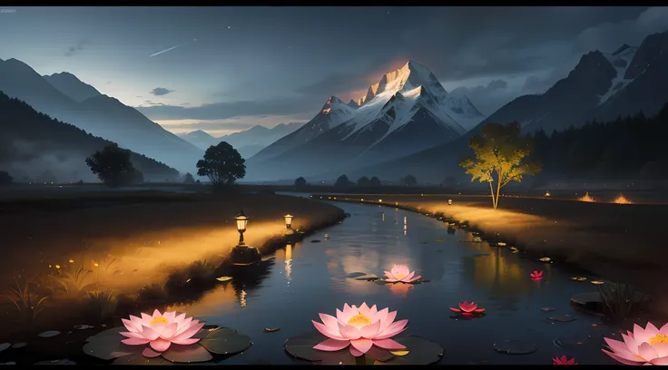 At night, Only moonlight illuminates, Crooked moon, Mountains in the distance, Beautiful big lotus nearby, Big red lotus, Running water next to it, frogs, A summer full of joy, The crooked moon in the sky is mixed with stars, amazing wallpapers, rainy even...