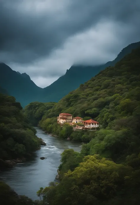 Uma casa simple com alpendre no alto de uma montanha com um rio em uma atmosfera tranquila e serena.