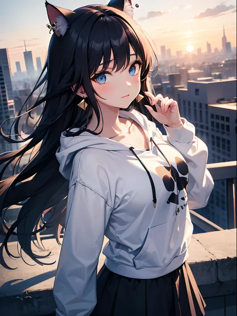 1cat girl, long black hair, blue eyes, wearing plain black large hoodie, black skirt, city, absurdres, high res, ultrasharp, 8k, masterpiece, looking at viewer, large dangle earrings