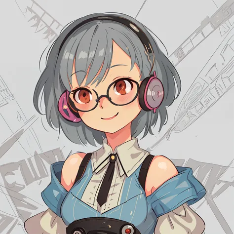 Cute, chibi, anime, streamer avatar, happy face, cute smile, headset, profile picture format, bust up, 1 girl, cute smile, glasses, youtuber, vtuber, video streamer, cyberpunk theme, off shoulder, sexy upper body, close up, looking to viewer. flat gray col...