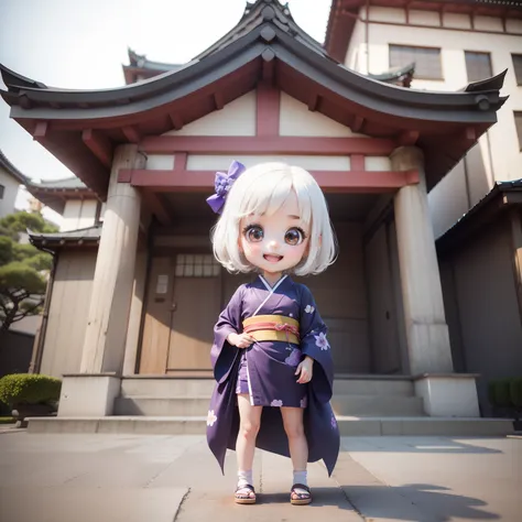 Cute Baby Chibi Anime、(((Chibi 3D))) (Best Quality), (masutepiece)、Chibi Model、Photo session、Blue and purple kimono、Hyogo、Himeji Castle、outside of house、Open your mouth and smile、Japan flip flops、A detailed face、Perfect Detail、Standing、white  hair、