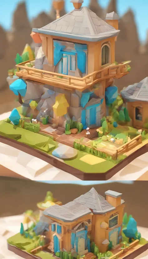 Miniature,Super cute clay world, Isometric view of the city ,Game architectural design, Cartoony,mushroom house，Mushrooms match the architecture，casual game style, Mushroom-shaped building, .。.3D, blender，closeup cleavage，tmasterpiece，super detailing，best ...