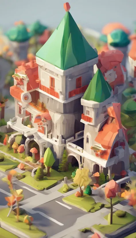 Miniature,Super cute clay world, Isometric view of the city ,Game architectural design, Cartoony,mushroom house，Mushrooms match the architecture，casual game style, Mushroom-shaped building, .。.3D, blender，closeup cleavage，tmasterpiece，super detailing，best ...