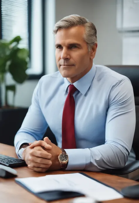 Middle-aged man in suit and tie, sitting at a desk in the office